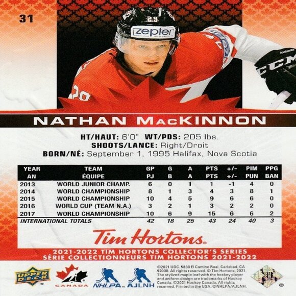 NATHAN MACKINNON - 2021/2022 TIM HORTONS TEAM CANADA COLLECTOR'S SERIES CARD - Picture 2 of 2